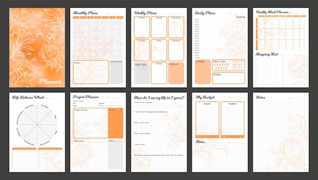 Vetor modelo de planejador vetorial planejadores de budjet de projeto mensal semanal diário design floral laranja pêssego