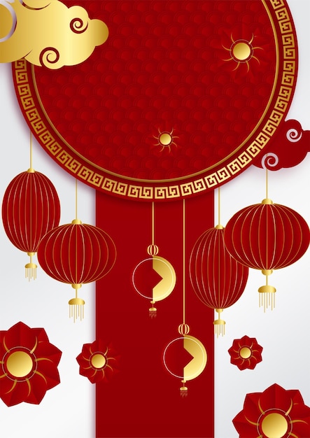 Modelo de plano de fundo chinês de corte de papel vermelho e dourado. china chinesa universal fundo vermelho e dourado com lanterna, flor, árvore, símbolo e padrão.