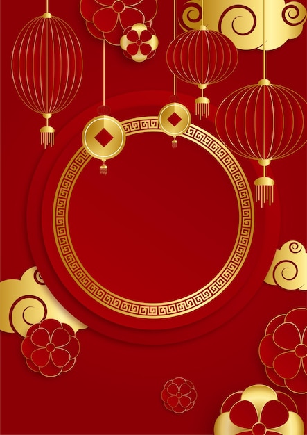 Modelo de plano de fundo chinês de corte de papel vermelho e dourado. china chinesa universal fundo vermelho e dourado com lanterna, flor, árvore, símbolo e padrão.