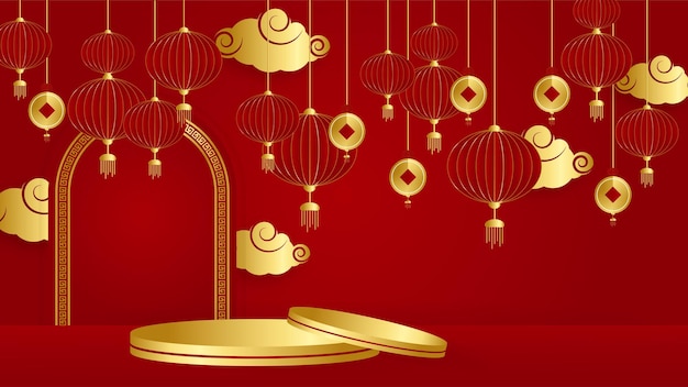 Modelo de plano de fundo chinês de corte de papel vermelho e dourado. china chinesa universal fundo vermelho e dourado com lanterna, flor, árvore, símbolo e padrão.