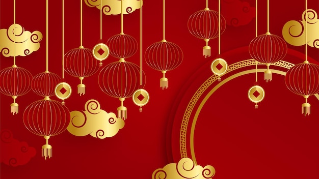 Modelo de plano de fundo chinês de corte de papel vermelho e dourado. China chinesa universal fundo vermelho e dourado com lanterna, flor, árvore, símbolo e padrão.