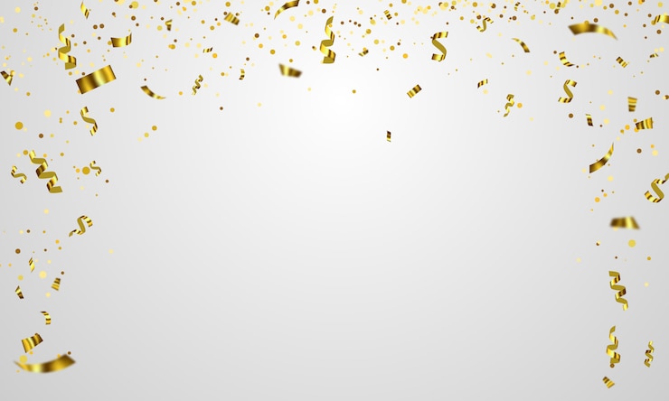 Vetor modelo de plano de fundo de celebração com fitas de confete de ouro.