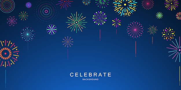 Modelo de plano de fundo de celebração com fitas de fogos de artifício. luxo rico cartão de saudação.