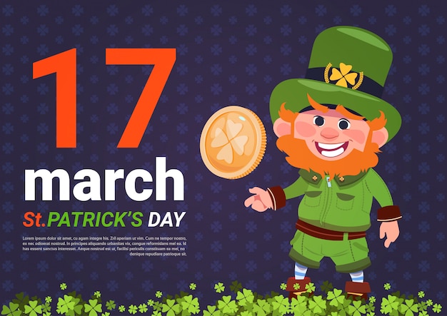 Modelo de plano de fundo do leprechaun homem segurando ouro moeda st patricks day card