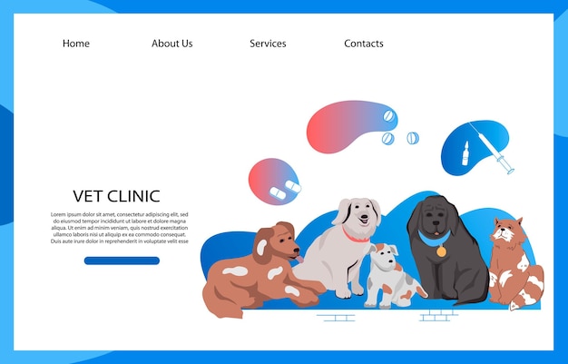 Modelo de plano de fundo do site de clínica veterinária ou pet shop com personagens de gatos e cães ilustração vetorial plana cuidados médicos de animais de estimação e banner de tratamento veterinário para página de destino ou aplicativo web