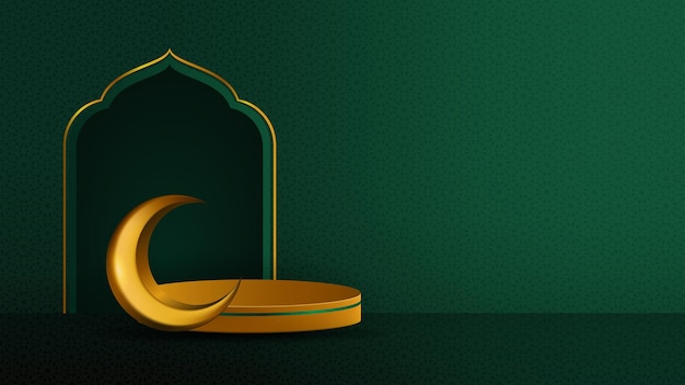 Modelo de plano de fundo islâmico com pódio mihrab e crescente em fundo verde esmeralda