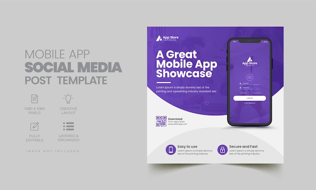 Vetor modelo de pós-banner de mídia social para promoção de aplicativo móvel