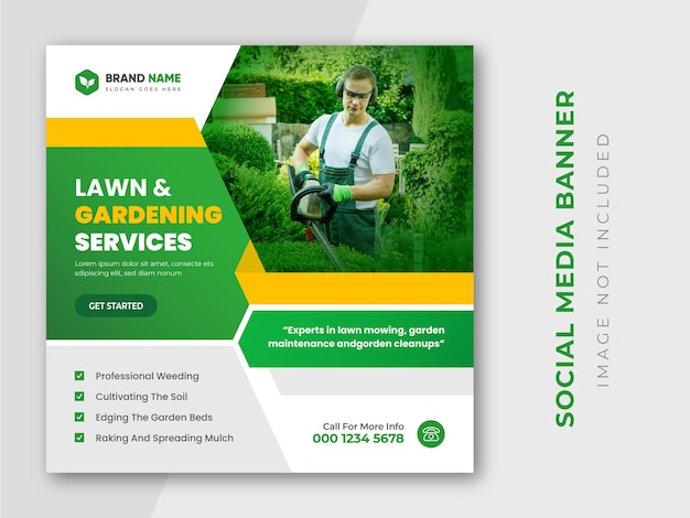 Modelo de post do instagram para jardim verde e modelo de panfleto quadrado de serviço de cuidado de gramado
