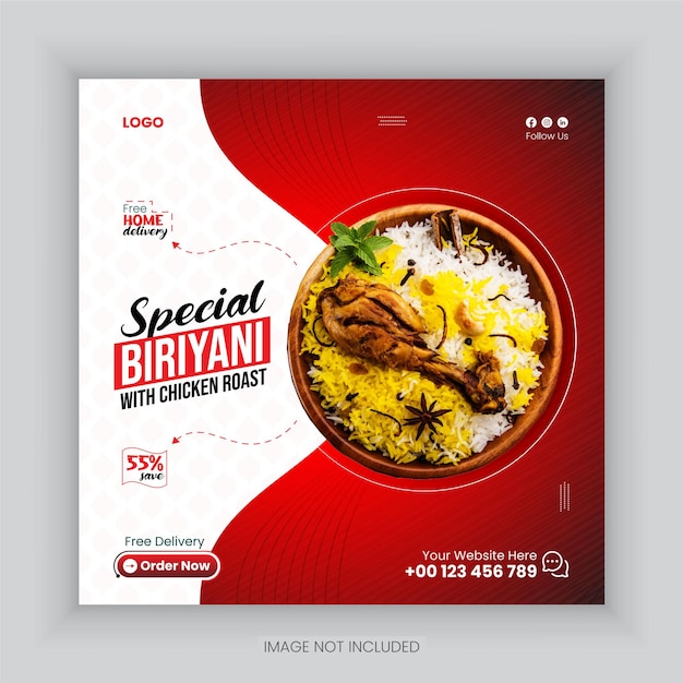 Modelo de postagem de banner de promoção de mídia social de comida especial de frango biryani