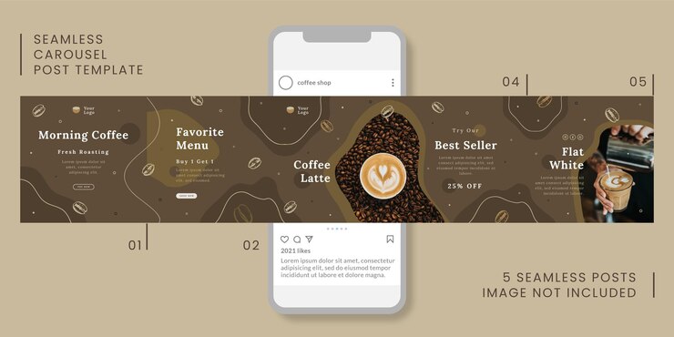 Modelo de postagem de carrossel sem costura com tema de café para mídias sociais.