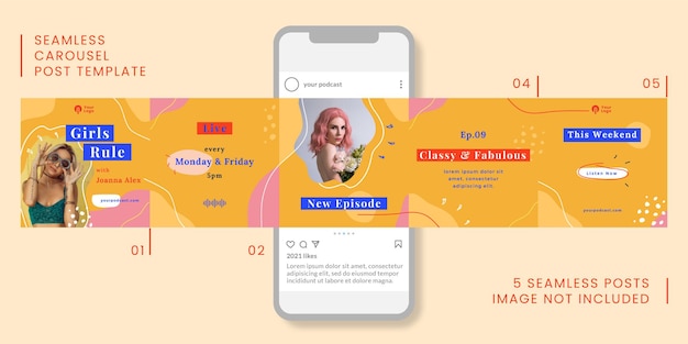 Modelo de postagem de carrossel sem costura com tema de podcast para mídias sociais.