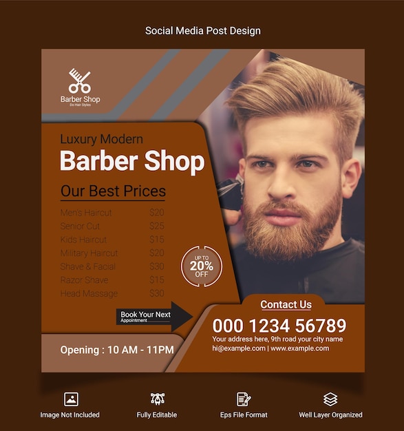 Vetor modelo de postagem de design de mídia social de barbearia