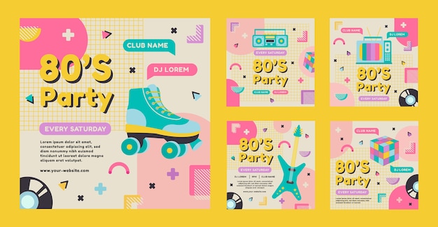 Modelo de postagem de instagram de festa de design plano dos anos 80