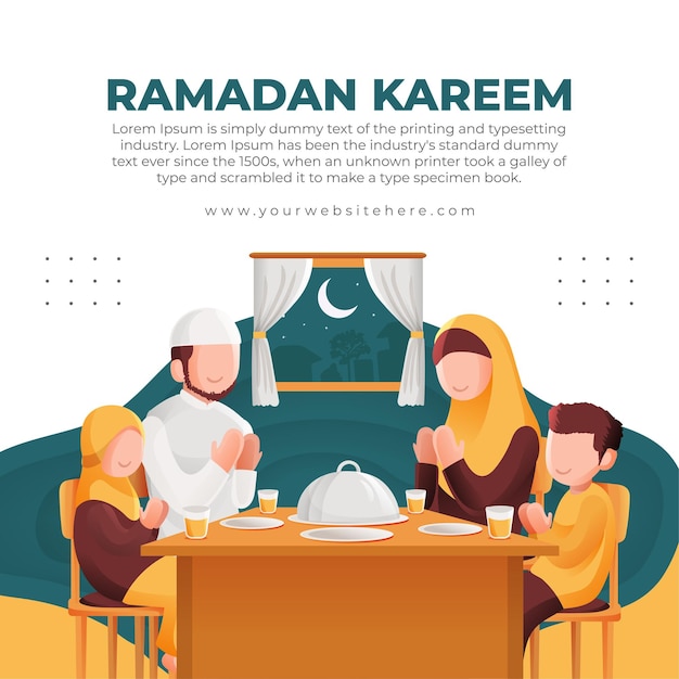 Modelo de postagem de mídia social da praça de saudação do ramadã com família muçulmana suuhoor ou ilustração iftar