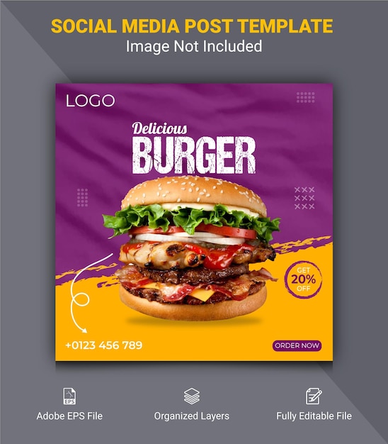 Modelo de postagem de mídia social de comida promoção especial de design de restaurante e menu e banner do instagram