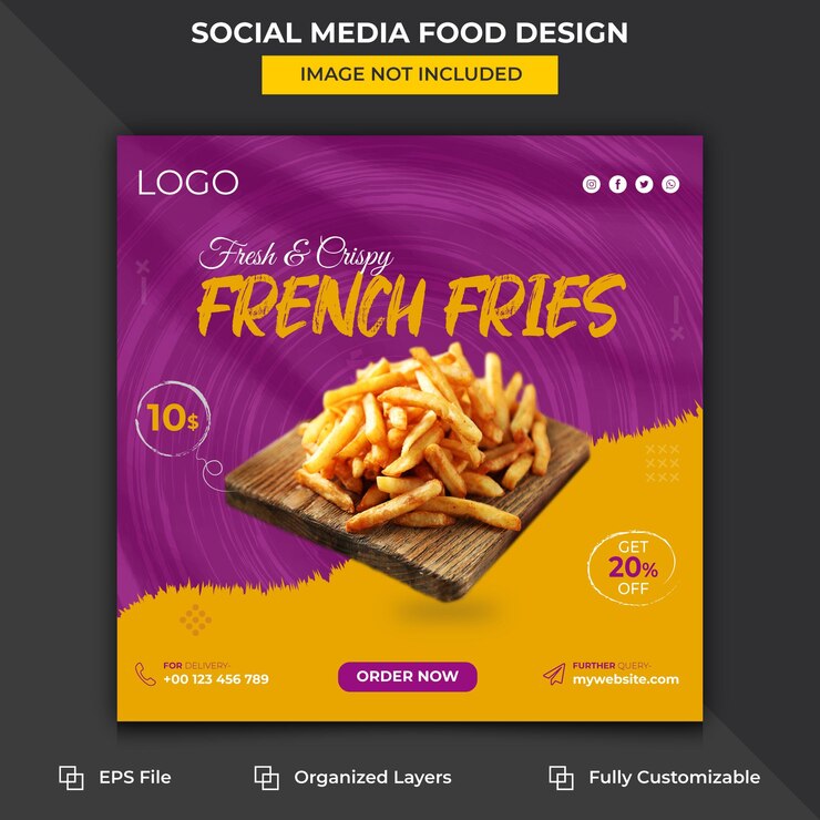 Vetor modelo de postagem de mídia social de design de comida de batata frita quente e crocante
