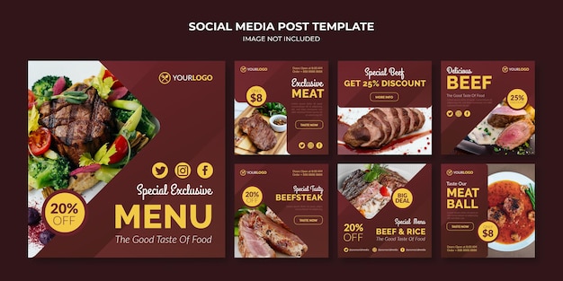 Vetor modelo de postagem de mídia social de menu de comida para restaurante e café