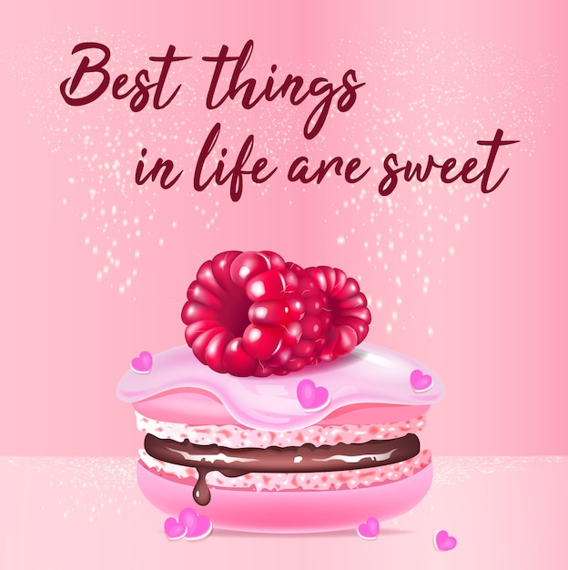 Vetor modelo de postagem de mídia social de produto realista de macaroon rosa. biscoito de amêndoa com bagas design de maquete de anúncios 3d com texto. as melhores coisas da vida são o doce layout de banner da web quadrado promocional