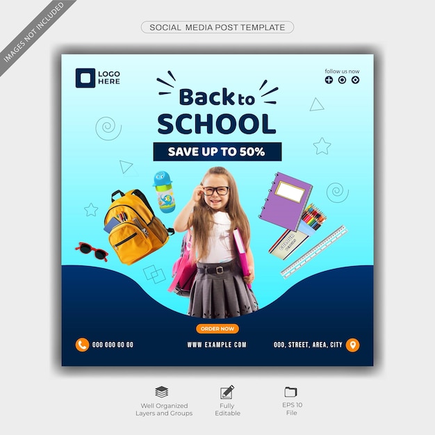 Modelo de postagem de mídia social de volta às aulas