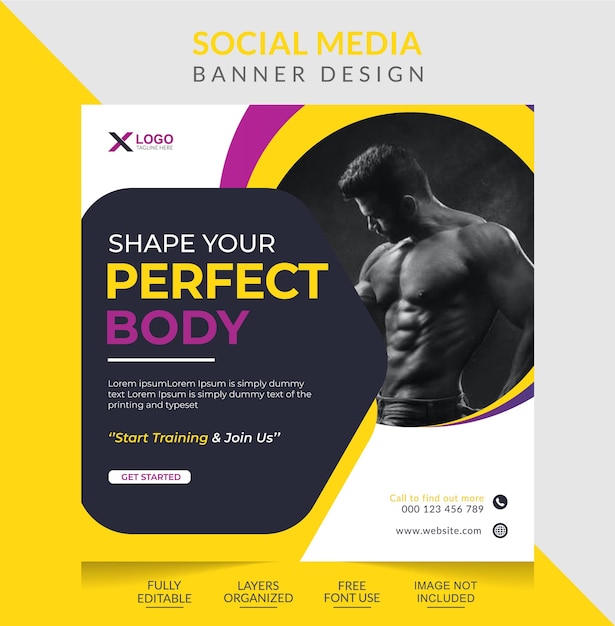 Modelo de postagem de mídia social fitness e design de banner da web