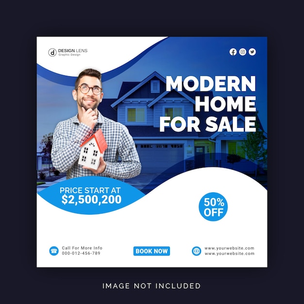 Modelo de postagem do Instagram de banner de mídia social editável para casa moderna à venda