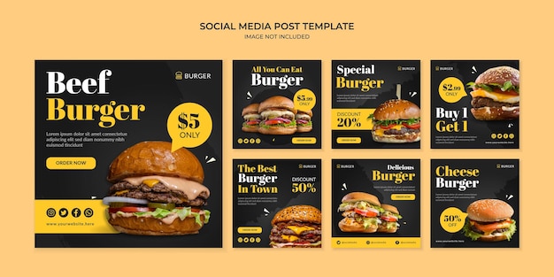Modelo de postagem do instagram para hambúrguer de carne nas redes sociais para restaurante fast food