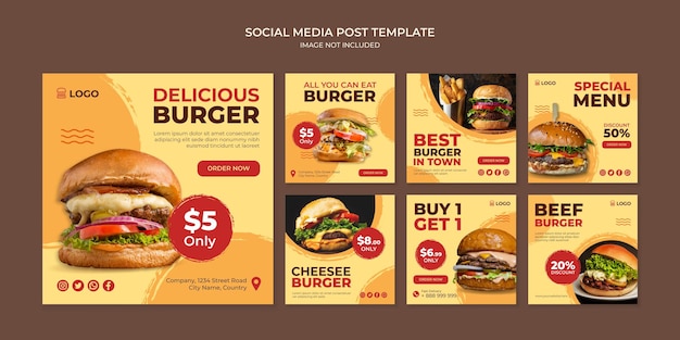 Modelo de postagem no instagram para hambúrguer delicioso em mídia social para restaurante de fast food