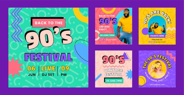 Modelo de postagens de instagram de festa de design plano dos anos 90