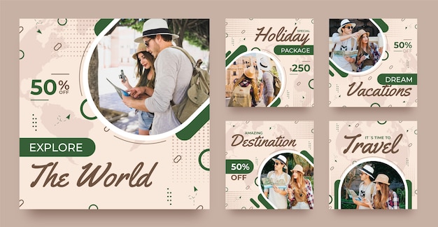 Modelo de postagens de instagram de viagens de design plano