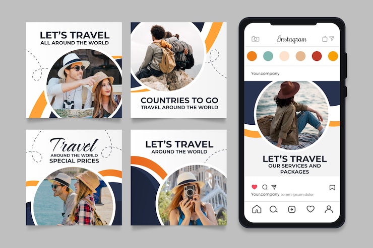 Vetor modelo de postagens do instagram de conceito de viagem gradiente