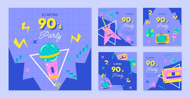 Vetor modelo de postagens do instagram de festa dos anos 90 desenhado à mão