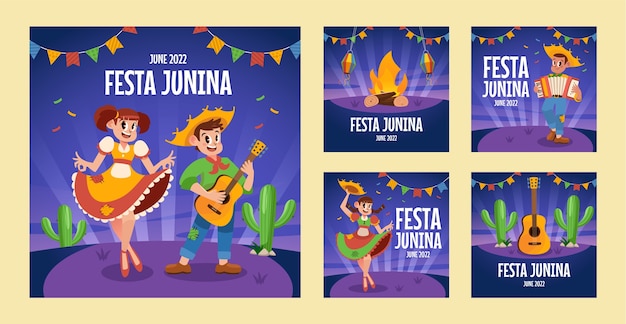 Modelo de postagens do instagram de festa junina desenhada à mão