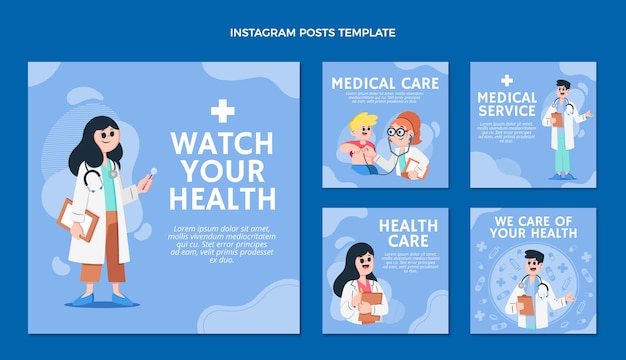 Vetor modelo de postagens médicas instagram de design plano