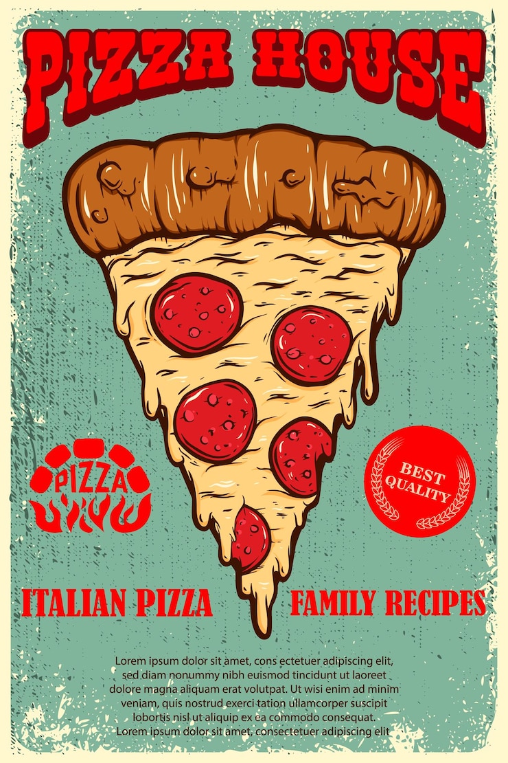 Vetor modelo de pôster da pizzaria. fatia de pizza italiana em fundo grunge. elemento de design de logotipo, etiqueta, sinal, cartaz, cartão, banner. ilustração vetorial
