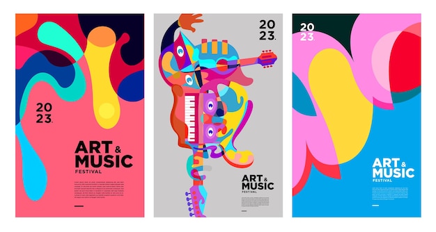 Vetor modelo de pôster e capa de festival de música e arte colorida de verão 2023