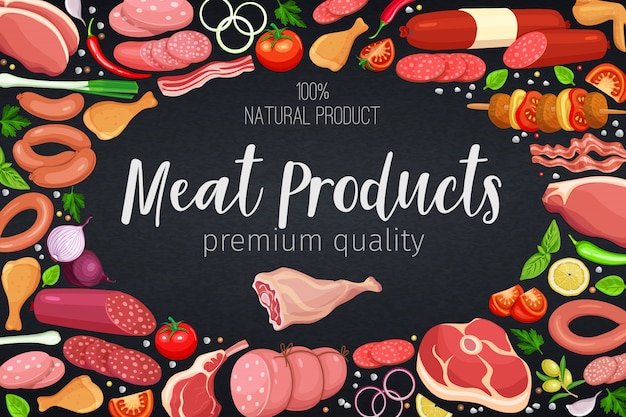 Modelo de pôster gastronômico de produtos cárneos com vegetais e especiarias para produção de carne para alimentos, brochuras, banner, cardápio e design de mercado. Ilustração.