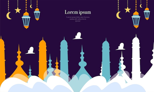 modelo de pôster ramadan kareem eid-al fitr com letras de ornamento e design de plano de fundo vetorial de mesquita