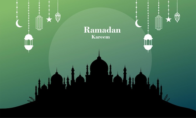 Modelo de pôster Ramadan kareem eidal fitr com letras de ornamento e design de plano de fundo vetorial de mesquita