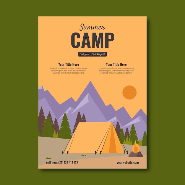 Modelo de pôster vertical de acampamento plano para a temporada de verão