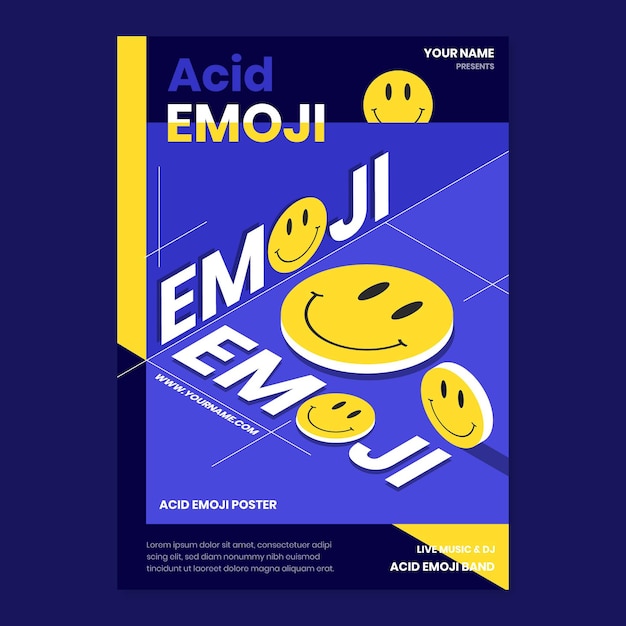 Vetor modelo de pôster vertical de emoji de ácido plano