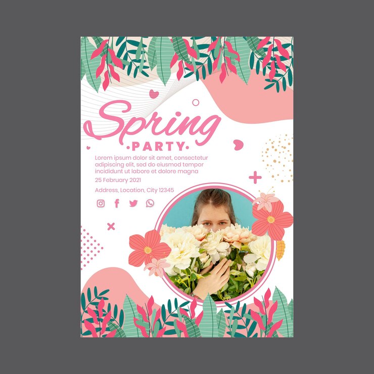 Vetor modelo de pôster vertical para festa de primavera com mulher e flores
