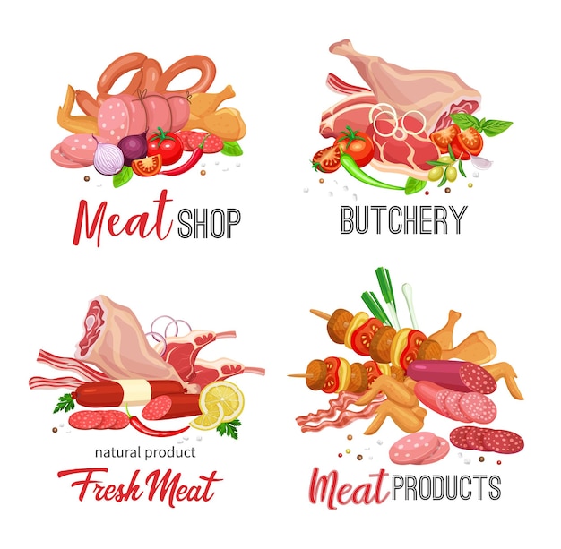 Modelo de produtos de carne com banners de vegetais e especiarias