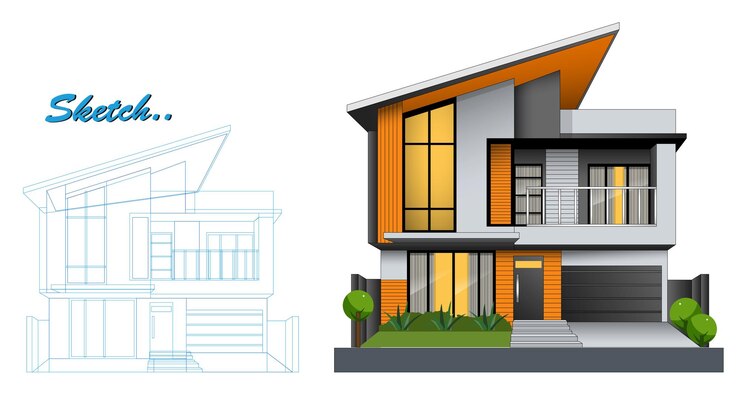 Vetor modelo de projeto de casa minimalista moderna com esboço de plano