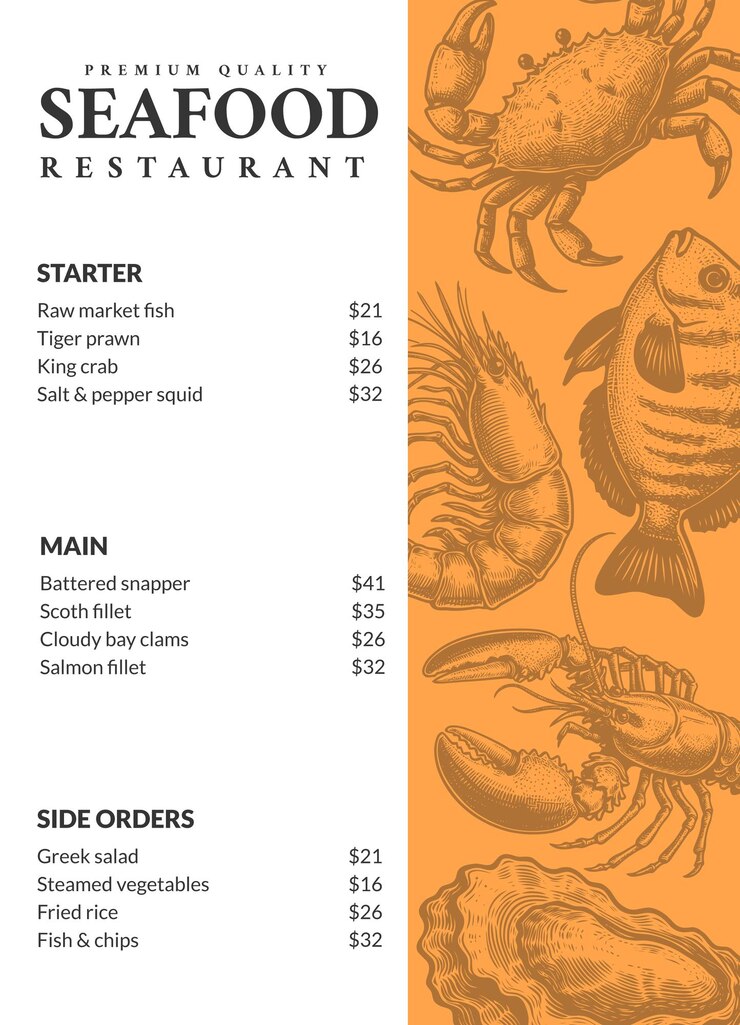 Modelo de projeto de menu de restaurante de frutos do mar