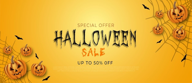 Modelo de promoção de banner de venda de halloween com morcegos e abóbora