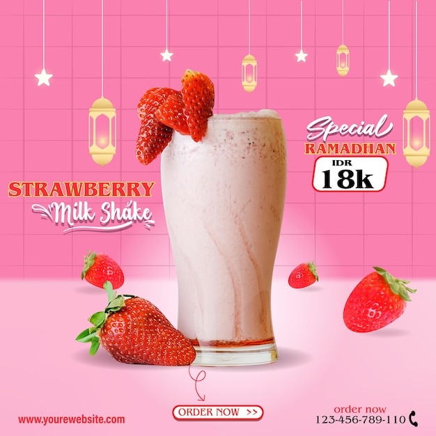 Modelo de promoção de bebida de morango para postagem de mídia social