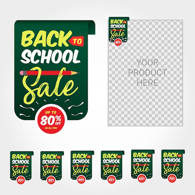 Modelo de promoção de desconto de etiqueta de venda de volta à escola perfeito para impulsionar a venda de promoção de seu produto. desconto de etiqueta para crianças em idade escolar, como bolsa, lápis ou papelaria