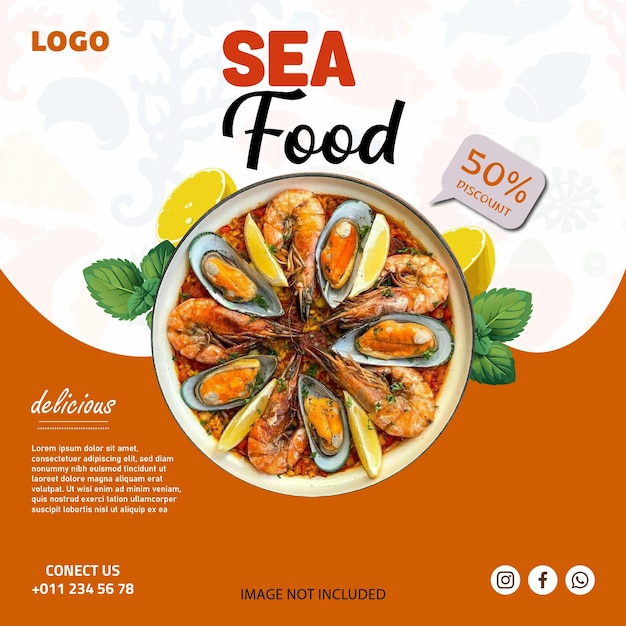 Modelo de promoção de produtos marinhos, cartaz de promoção, oferta de design, panfleto de frutos do mar