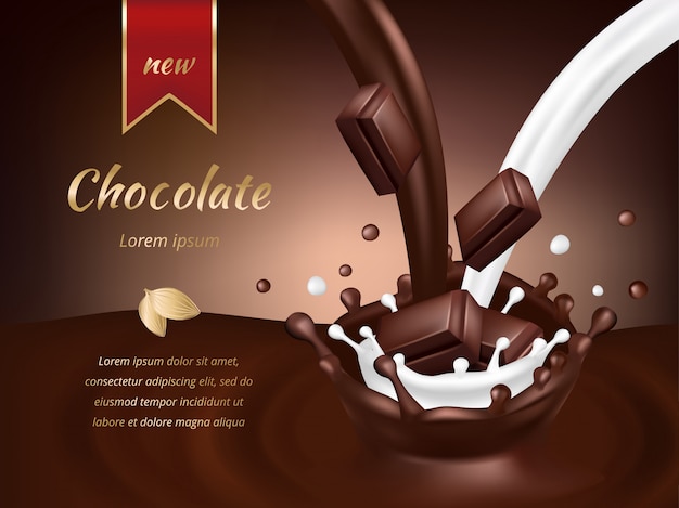 Modelo de propaganda de chocolate. Ilustração em vetor realista chocolate e leite