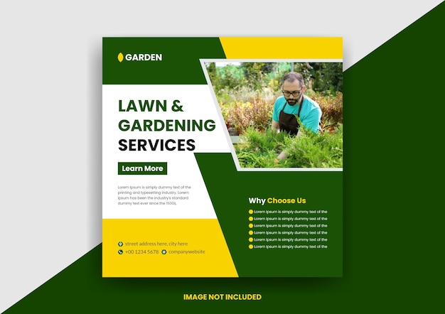 Vetor modelo de publicação de mídia social e banner da web de serviço de gramado ou jardinagem